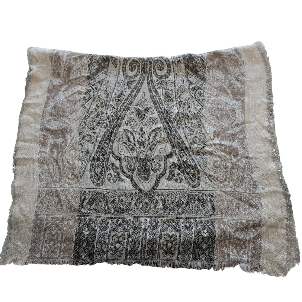 Elegant Paisley Print Scarf Shawl Wrap Fringed Metallic Neutral Gray Brown Tan